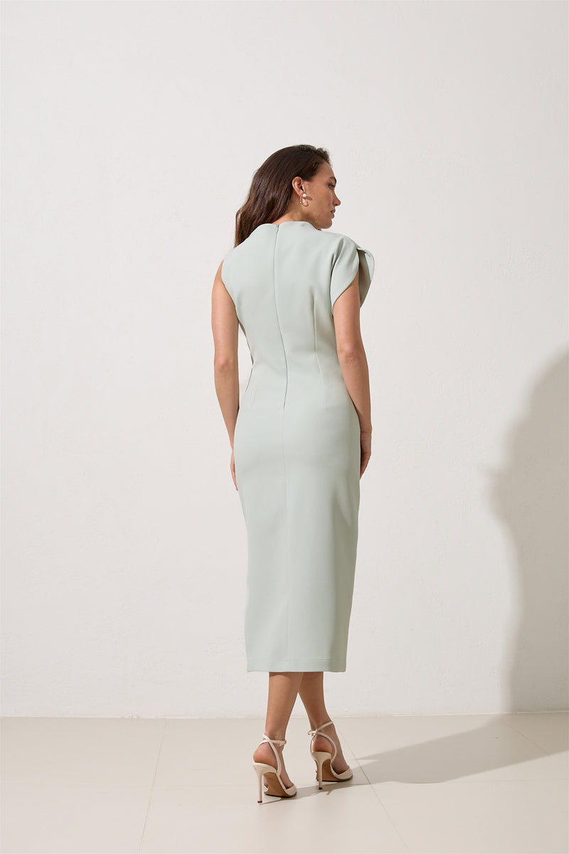 Setre One Shoulder Detailed Full Cut Midi Length Dress Green