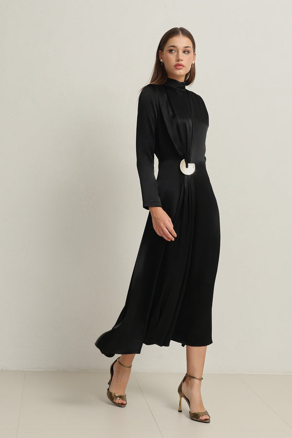 Setre Waist Buckle Detailed Turtleneck Midi Length Dress Black