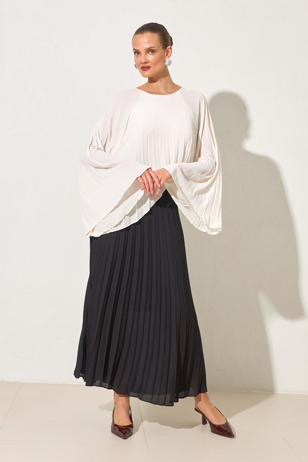 Setre Crew Neck Pleated Detailed Two-Tone Dress Black/Ecru