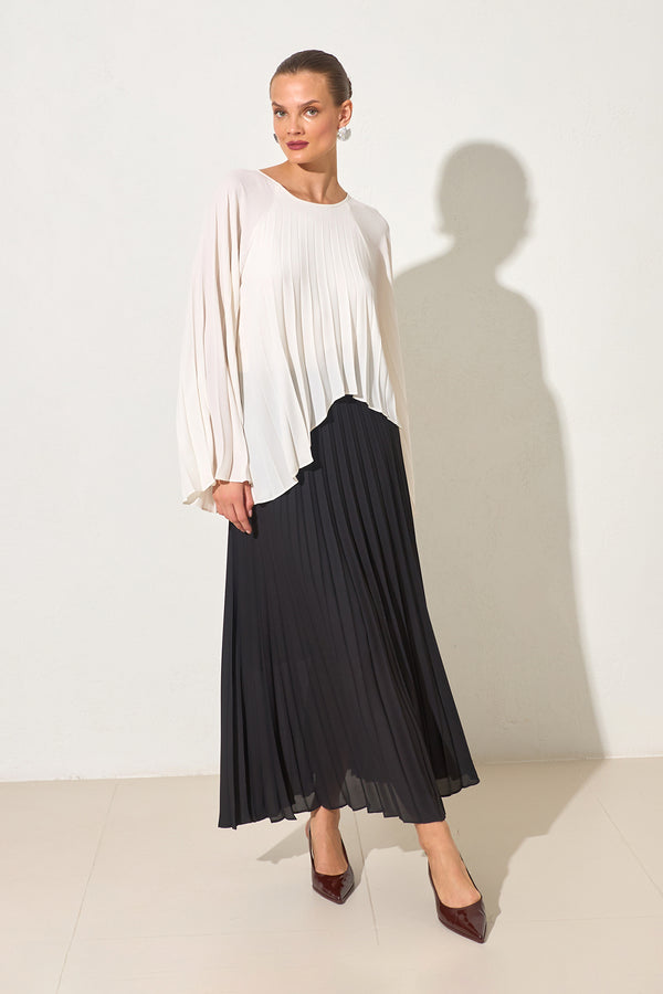 Setre Crew Neck Pleated Detailed Two-Tone Dress Black/Ecru