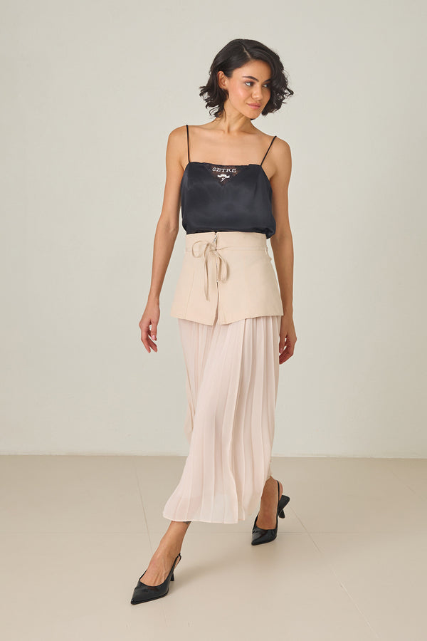 Setre Pleated With Zippered Tie Detailed Long Skirt Beige