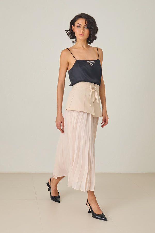 Setre Pleated With Zippered Tie Detailed Long Skirt Beige