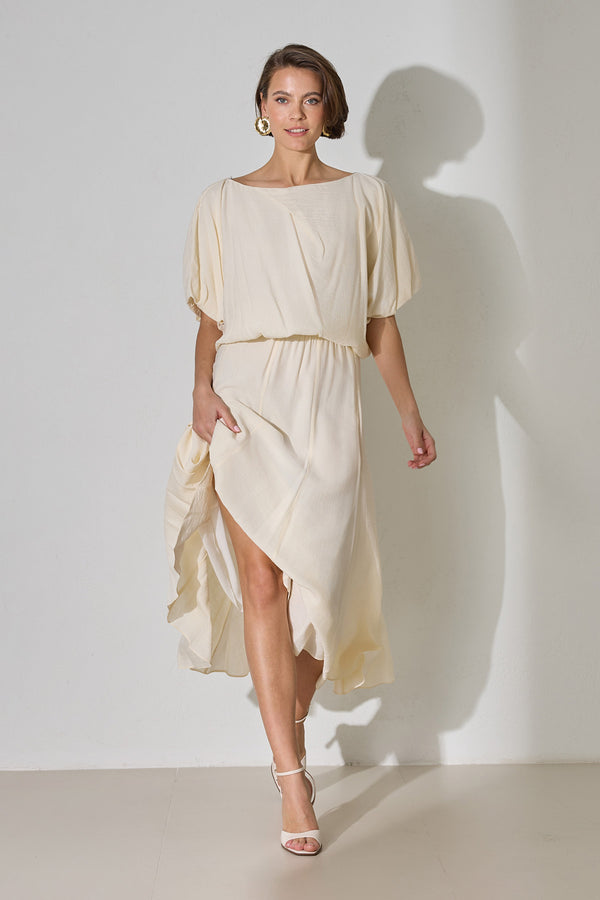 Setre Waist Elastic Detailed Midi Skirt Cream