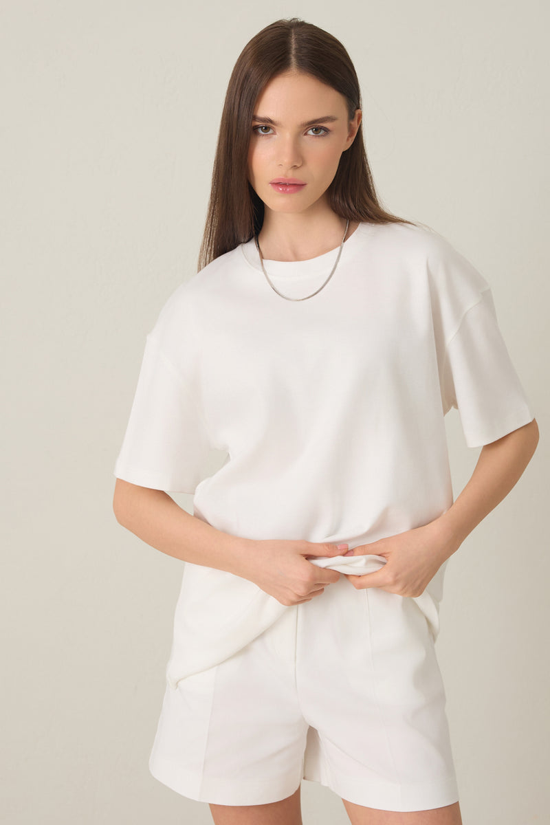 Setre Cotton Basic Short Sleeve Oversize T-Shirt Ecru