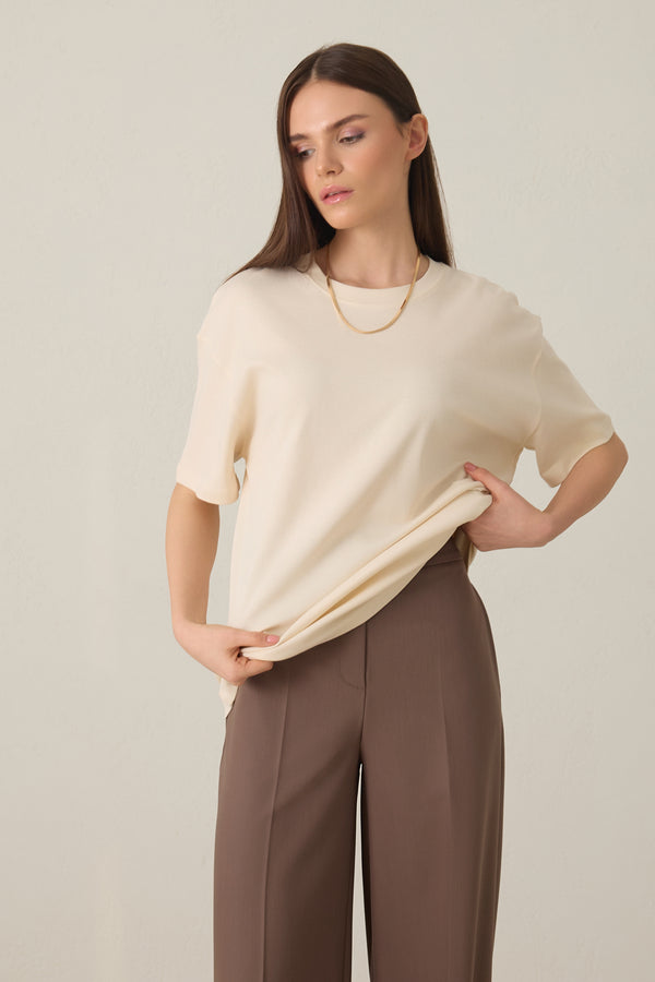 Setre Cotton Basic Short Sleeve Oversize T-Shirt Cream