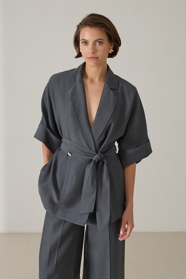 Setre Button And Waist Tie Detailed Jacket Petrol