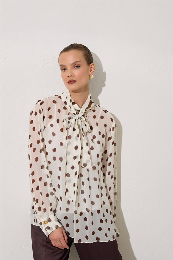 Setre Polka Dot Patterned Blouse With Collar Tie Detail Ecru-Brown
