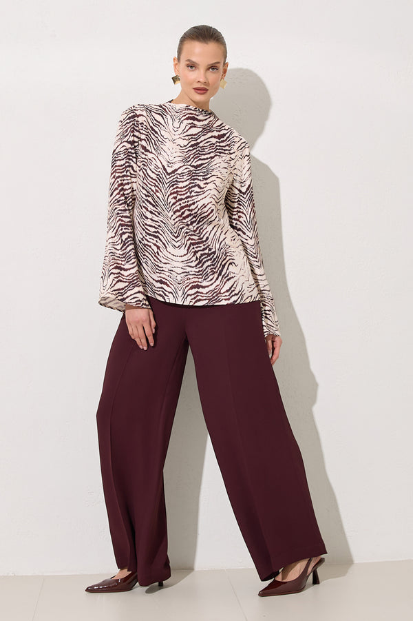 Setre Patterned Long Sleeve Relaxed Cut Blouse Burgundy/Offwhite