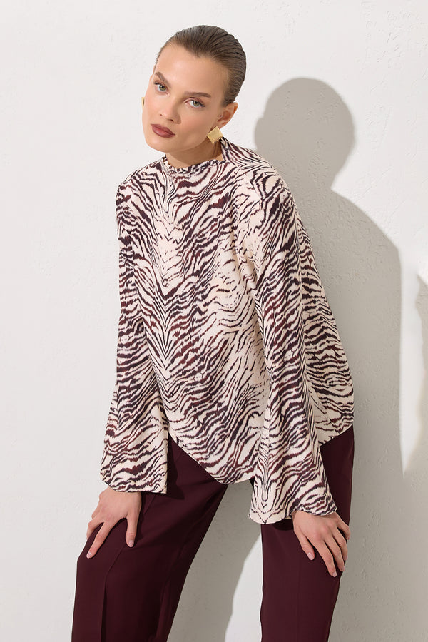 Setre Patterned Long Sleeve Relaxed Cut Blouse Burgundy/Offwhite