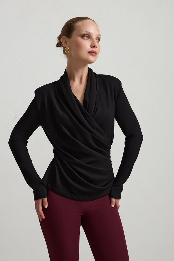 Setre Surplice Pleated Blouse Black