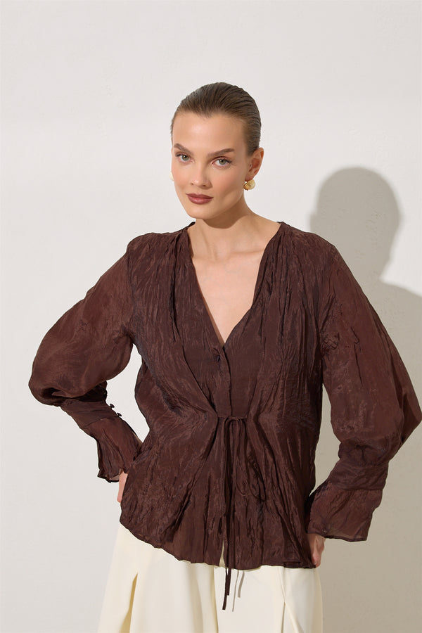 Setre V-Neck Tie Detail Blouse Brown