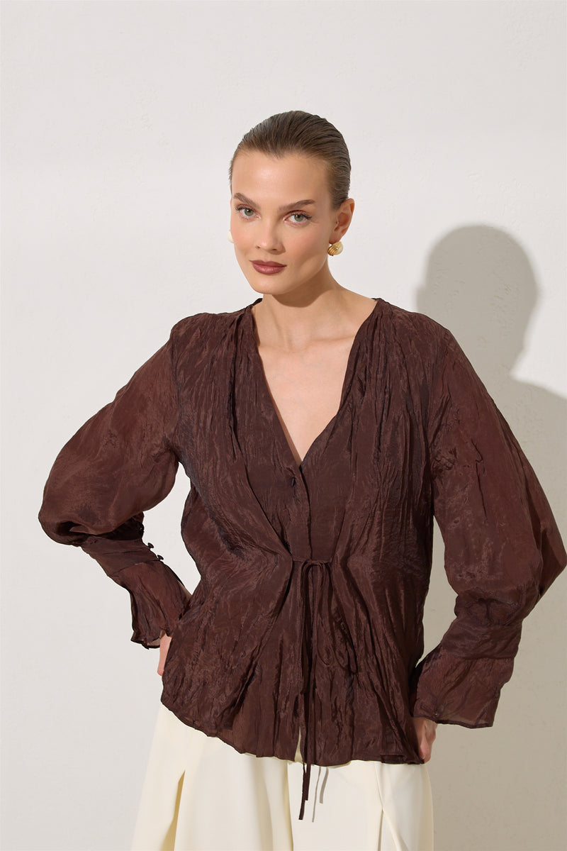 Setre V-Neck Tie Detail Blouse Brown