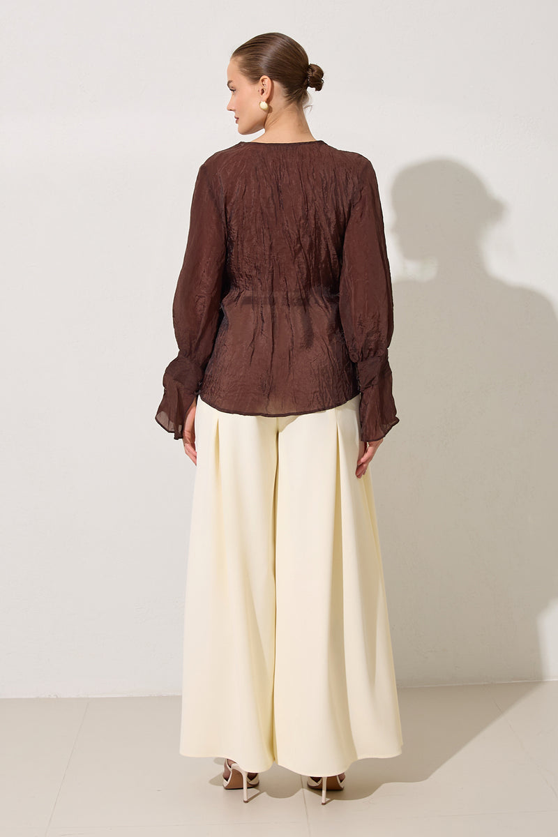 Setre V-Neck Tie Detail Blouse Brown