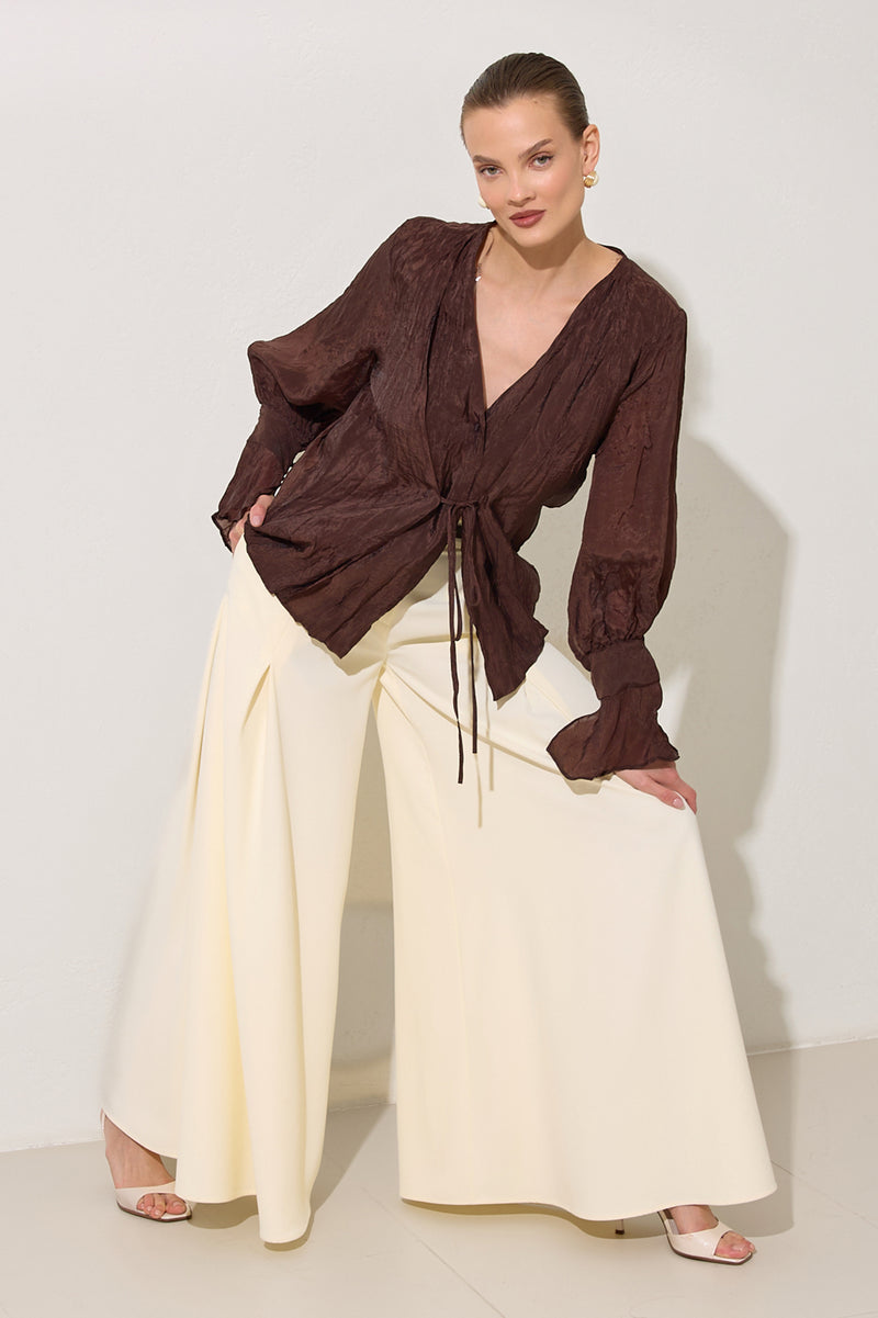 Setre V-Neck Tie Detail Blouse Brown