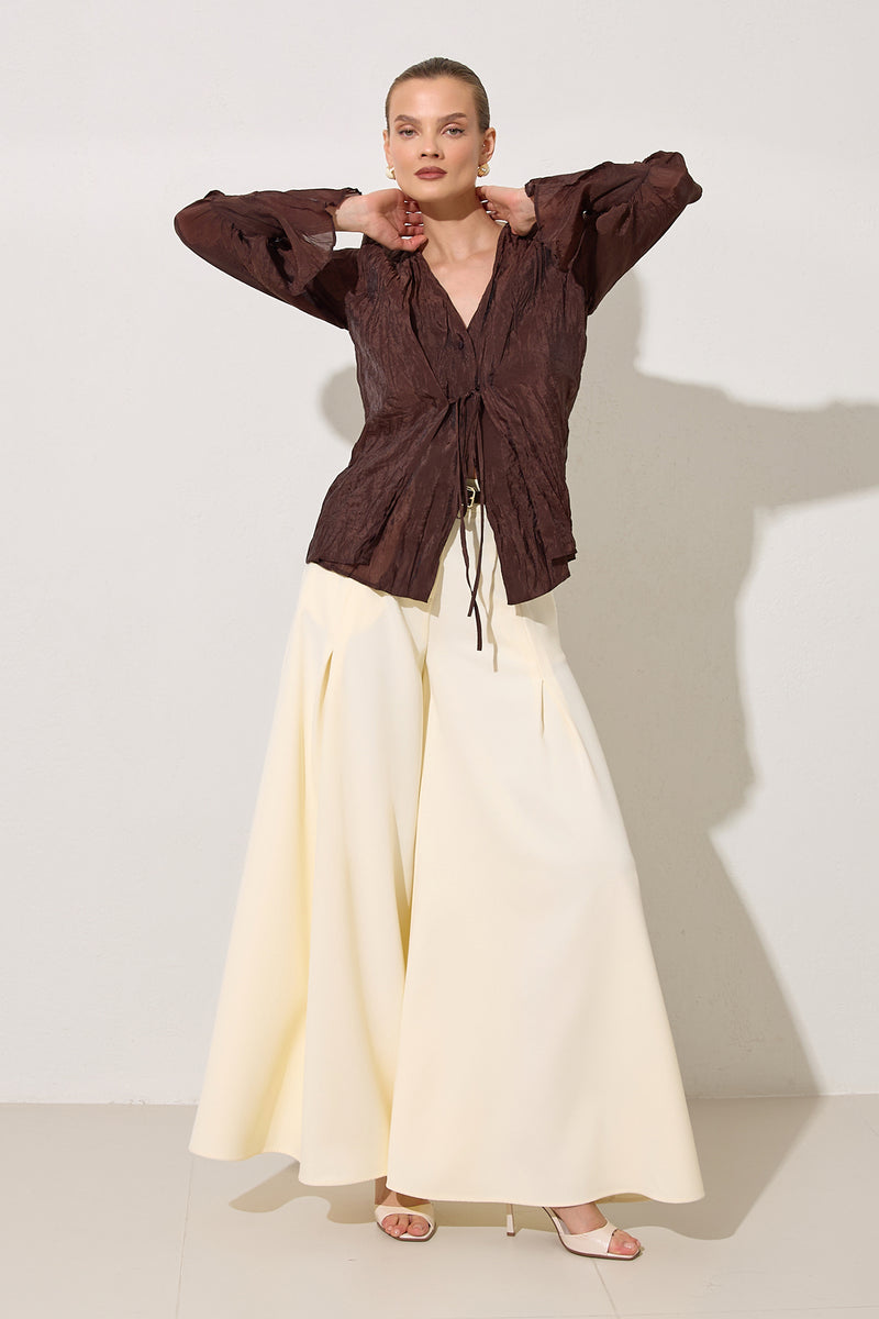Setre V-Neck Tie Detail Blouse Brown