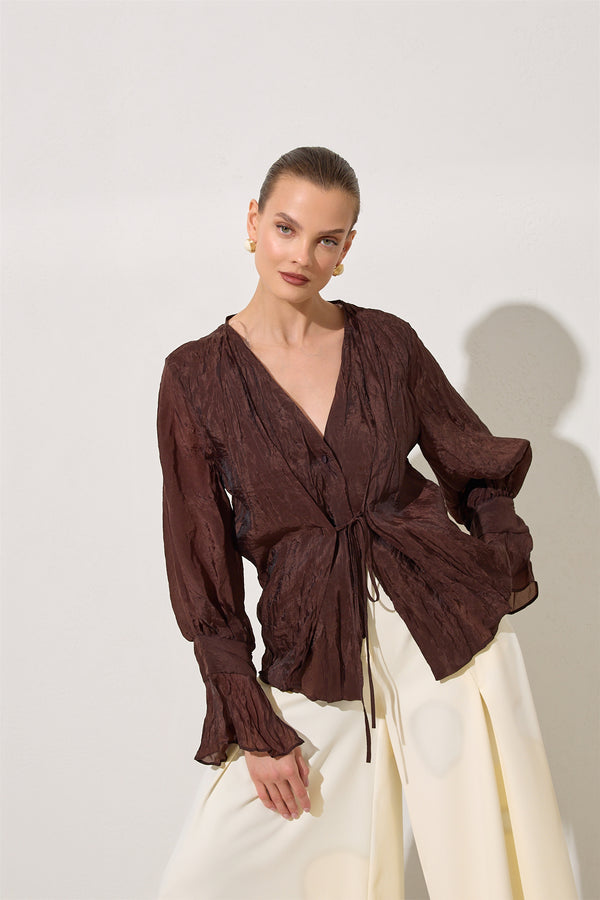 Setre V-Neck Tie Detail Blouse Brown
