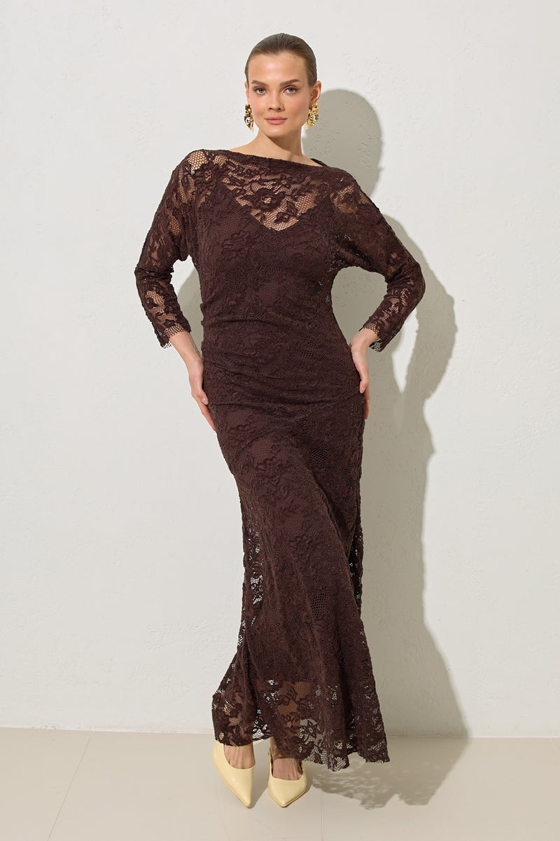 Setre Lace-Embroidered Dress Coffee Brown