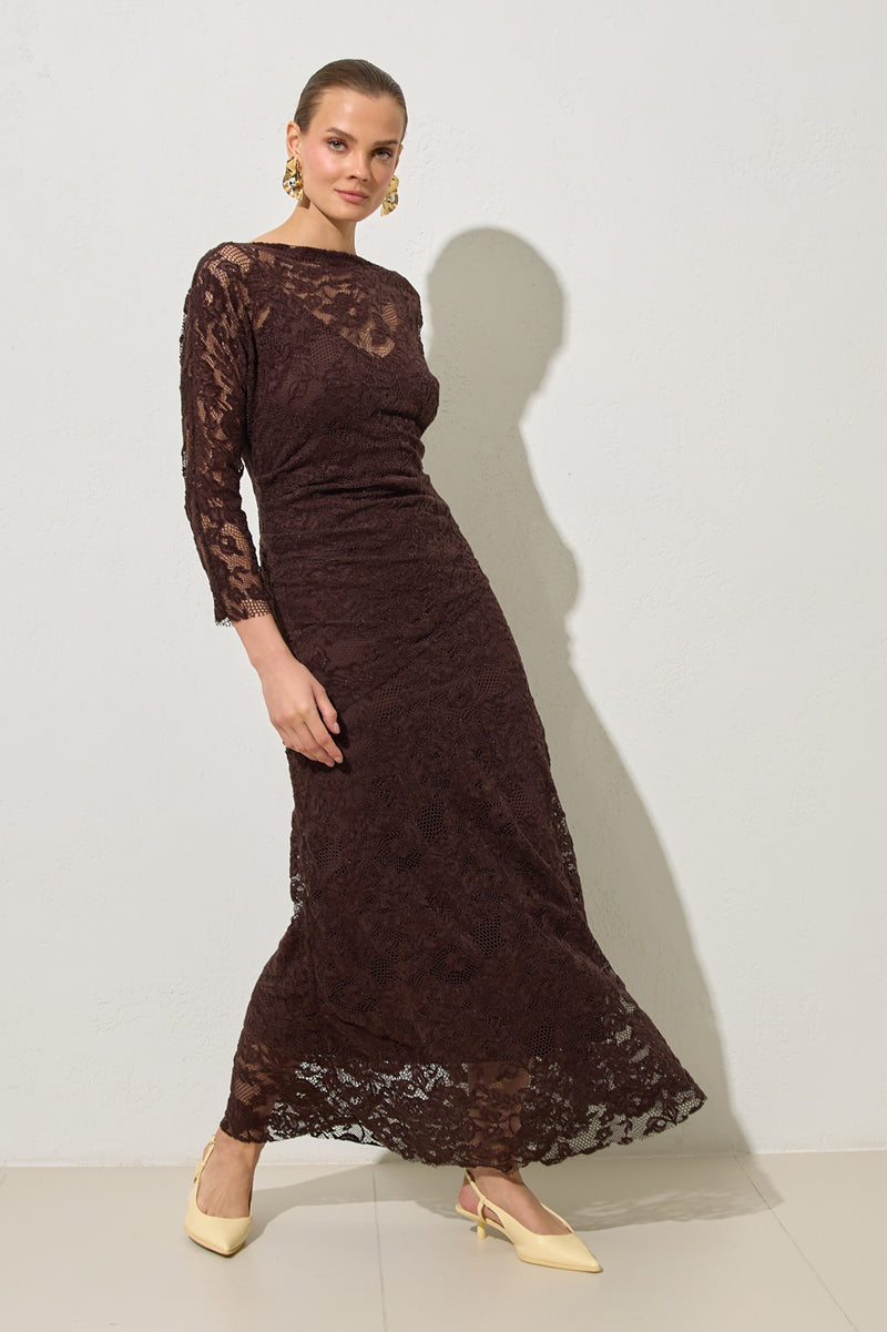 Setre Lace-Embroidered Dress Coffee Brown
