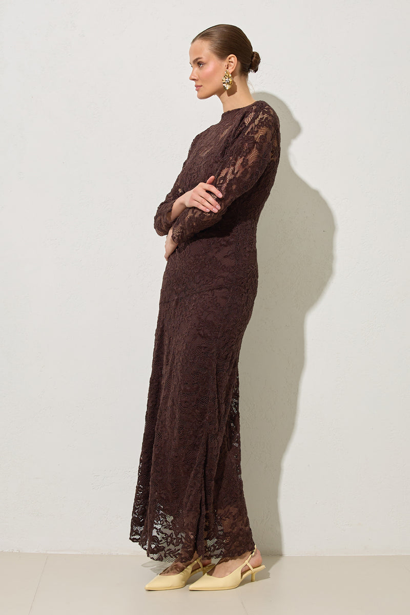 Setre Lace-Embroidered Dress Coffee Brown
