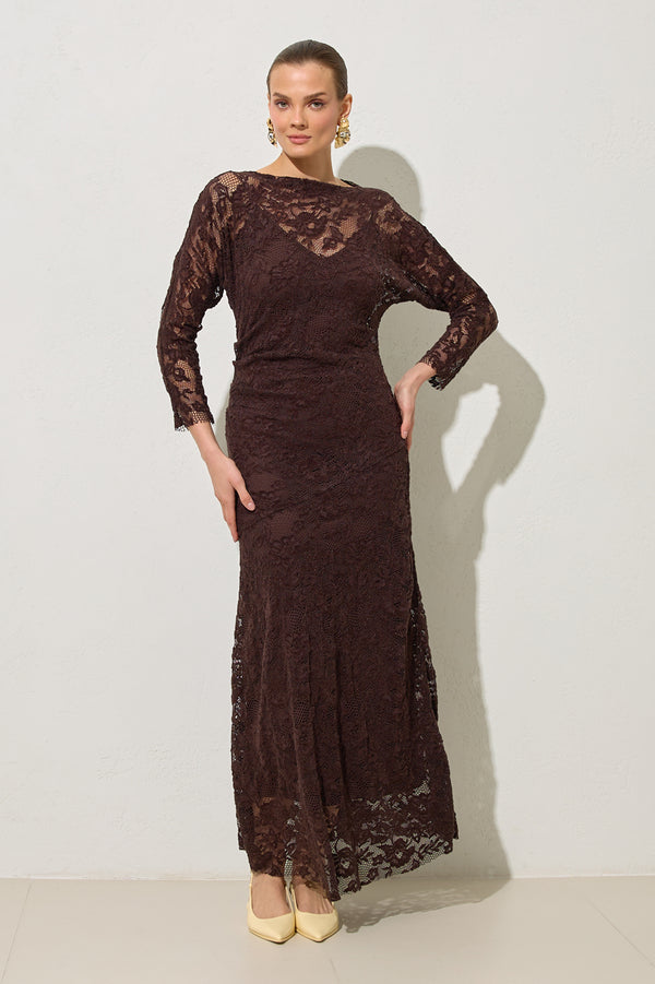 Setre Lace-Embroidered Dress Coffee Brown