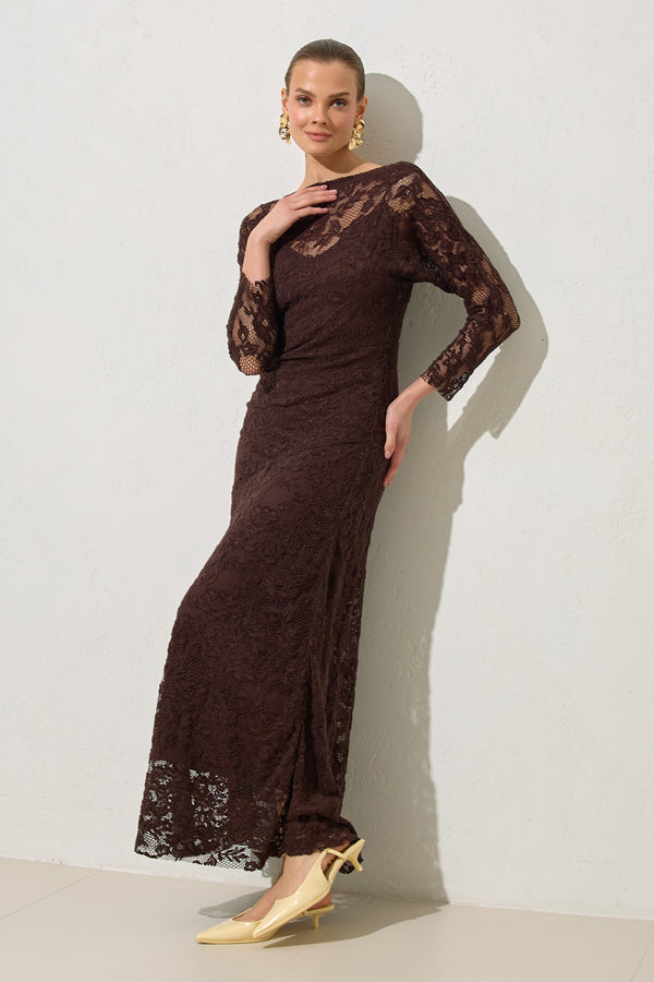 Setre Lace-Embroidered Dress Coffee Brown