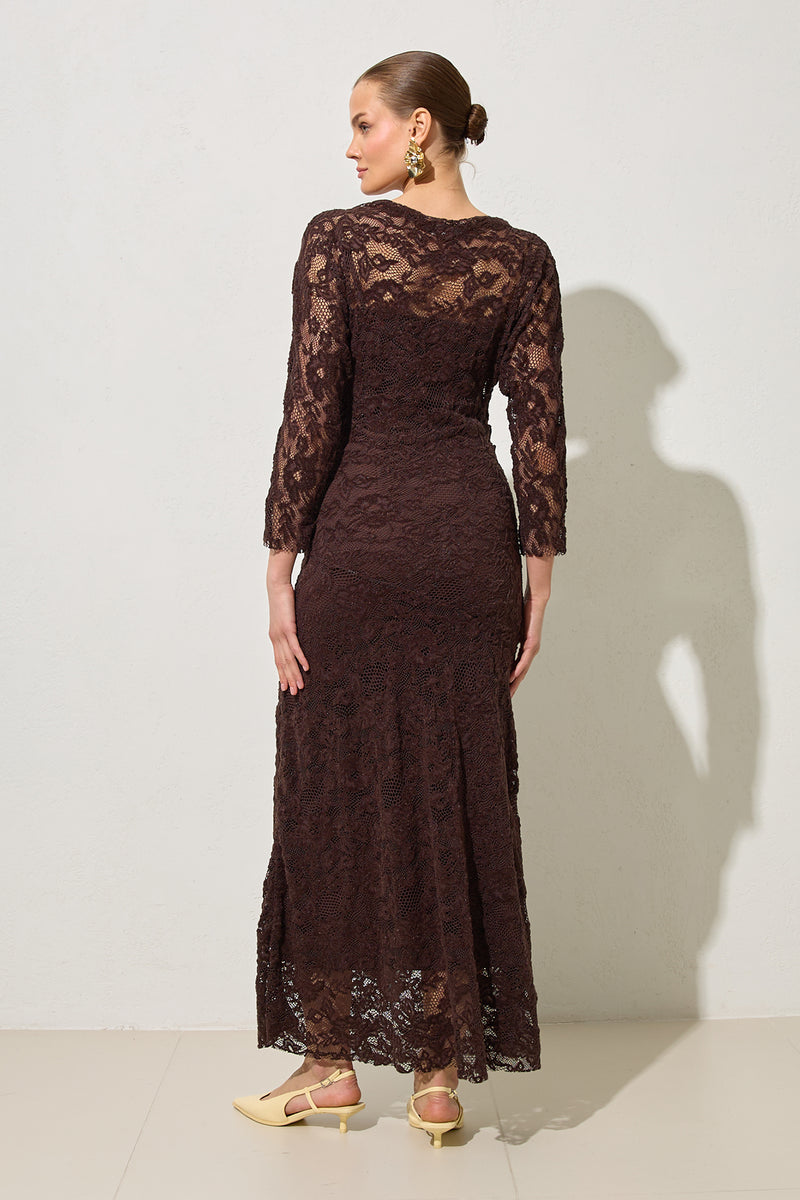 Setre Lace-Embroidered Dress Coffee Brown