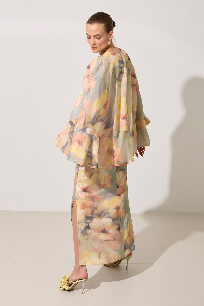 Setre Ruffle Detailed Patterned Cape Dress Mint