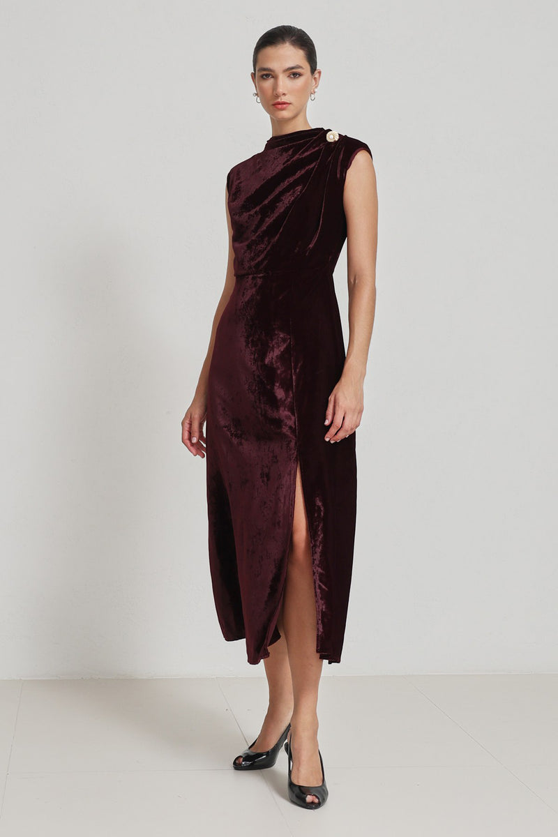 Setre Sleeveless Velvet Dress With Collar Detail Burgundy