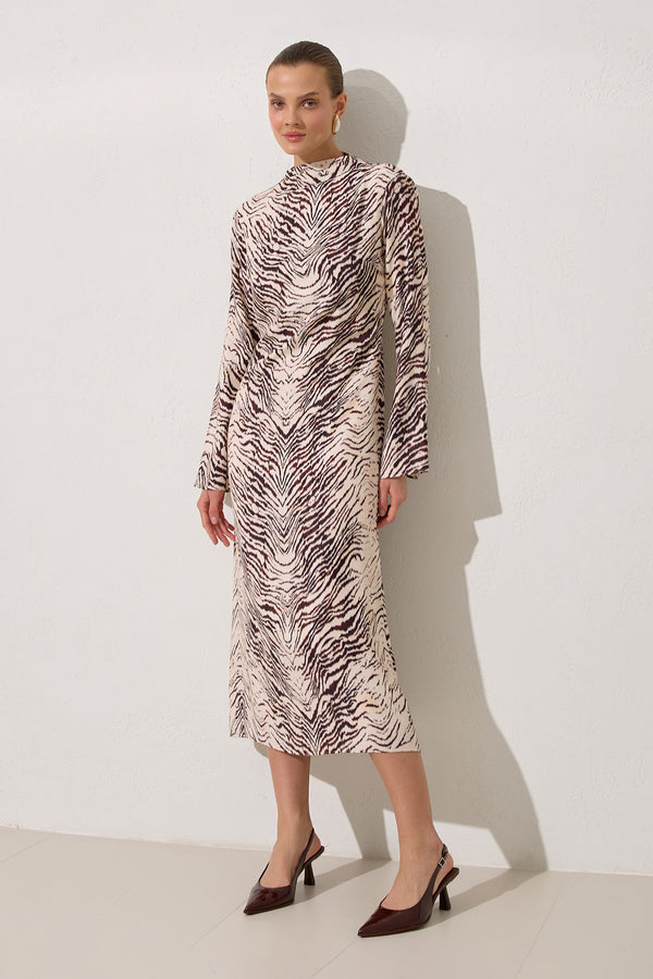 Setre Waist Belt Detailed Long Sleeve Patterned Dress Burgundy/Offwhite