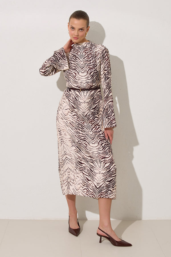 Setre Waist Belt Detailed Long Sleeve Patterned Dress Burgundy/Offwhite