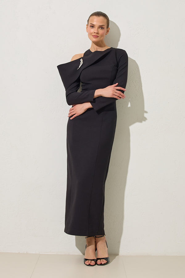 Setre Sleeve Detailed Full Pattern Long Sleeve Dress Black