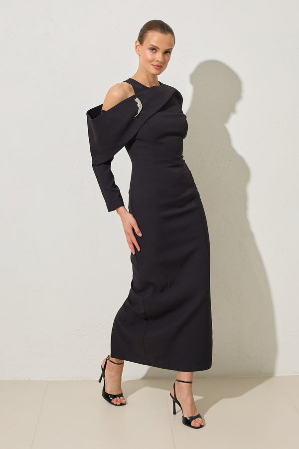 Setre Sleeve Detailed Full Pattern Long Sleeve Dress Black