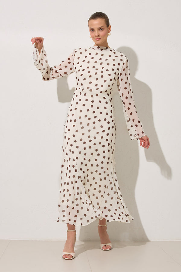 Setre Polka Dot Dress With Waist-Sleeved Collar And Sleeve Details Ecru-Brown