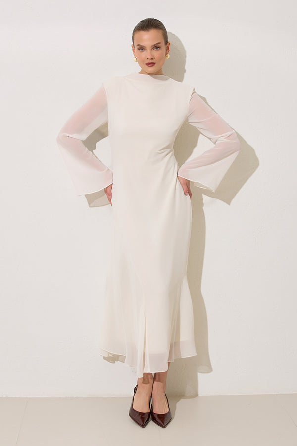 Setre Transparent Sleeve Solid Dress Cream