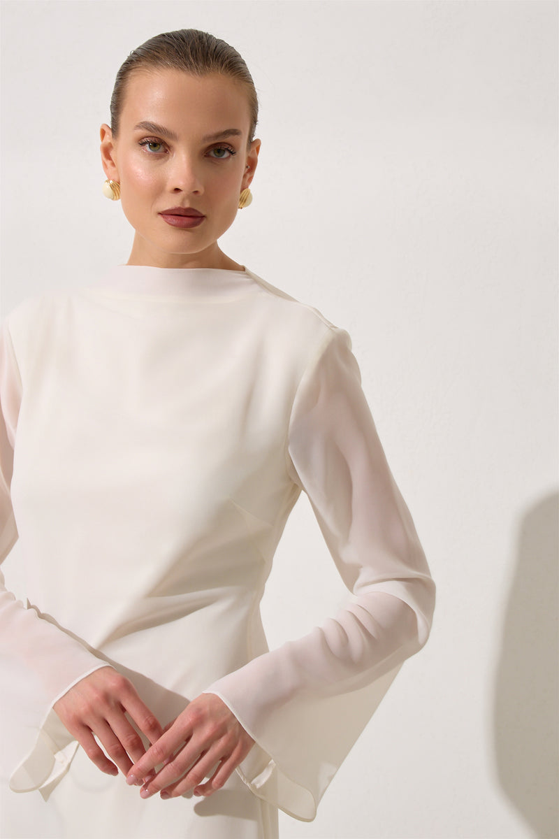 Setre Transparent Sleeve Solid Dress Cream