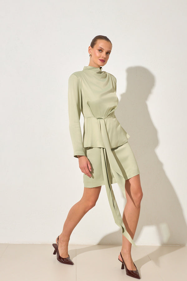 Setre Tie Detailed Turtleneck Long Sleeve Mini Dress Light Green