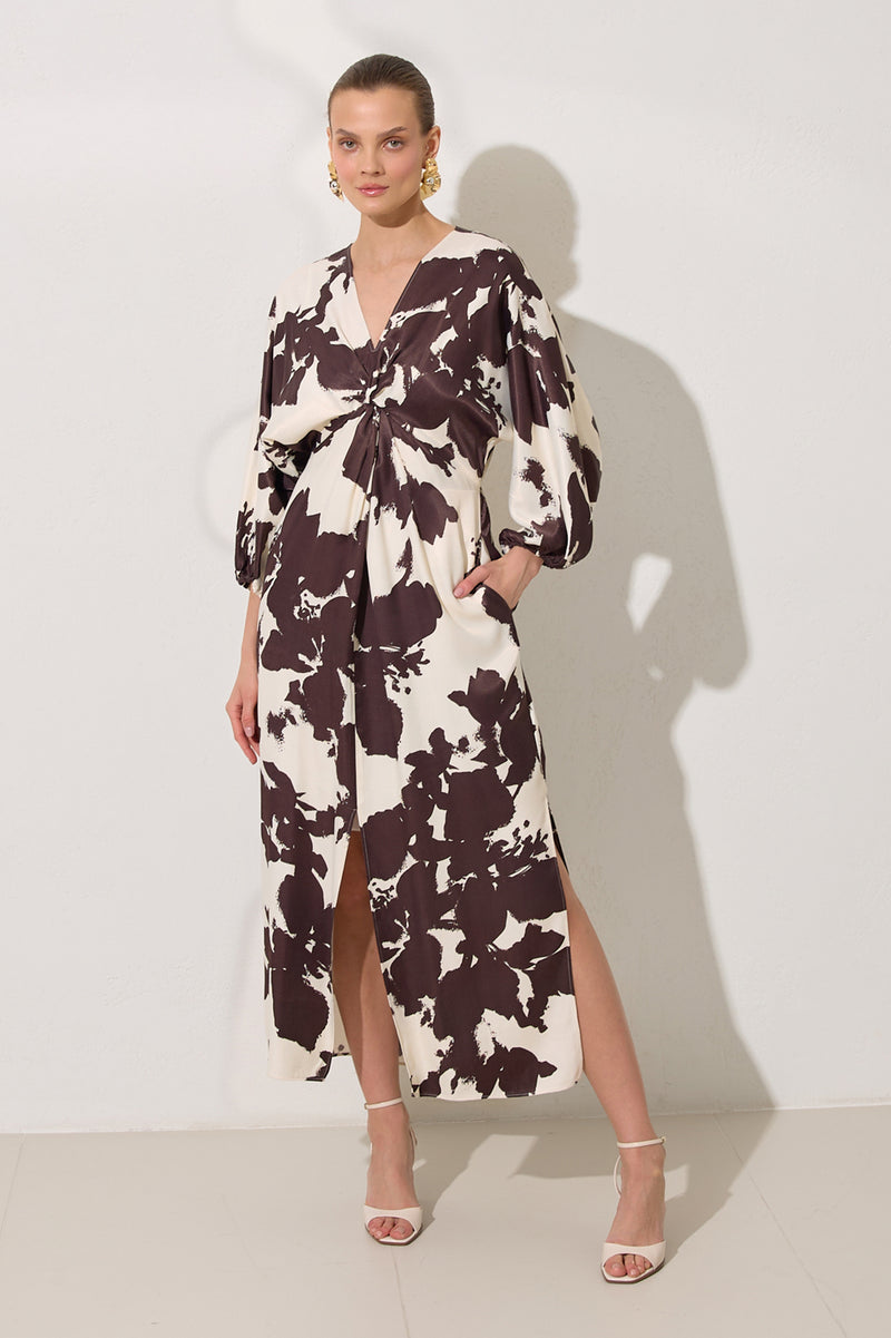 Setre Collar Detailed Relaxed Cut Patterned Dress Ecru-Brown