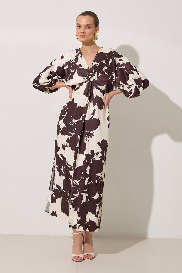 Setre Collar Detailed Relaxed Cut Patterned Dress Ecru-Brown