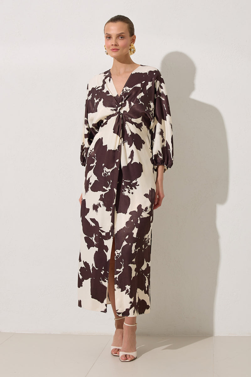 Setre Collar Detailed Relaxed Cut Patterned Dress Ecru-Brown