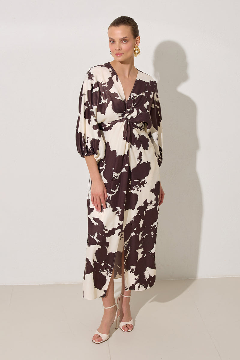 Setre Collar Detailed Relaxed Cut Patterned Dress Ecru-Brown