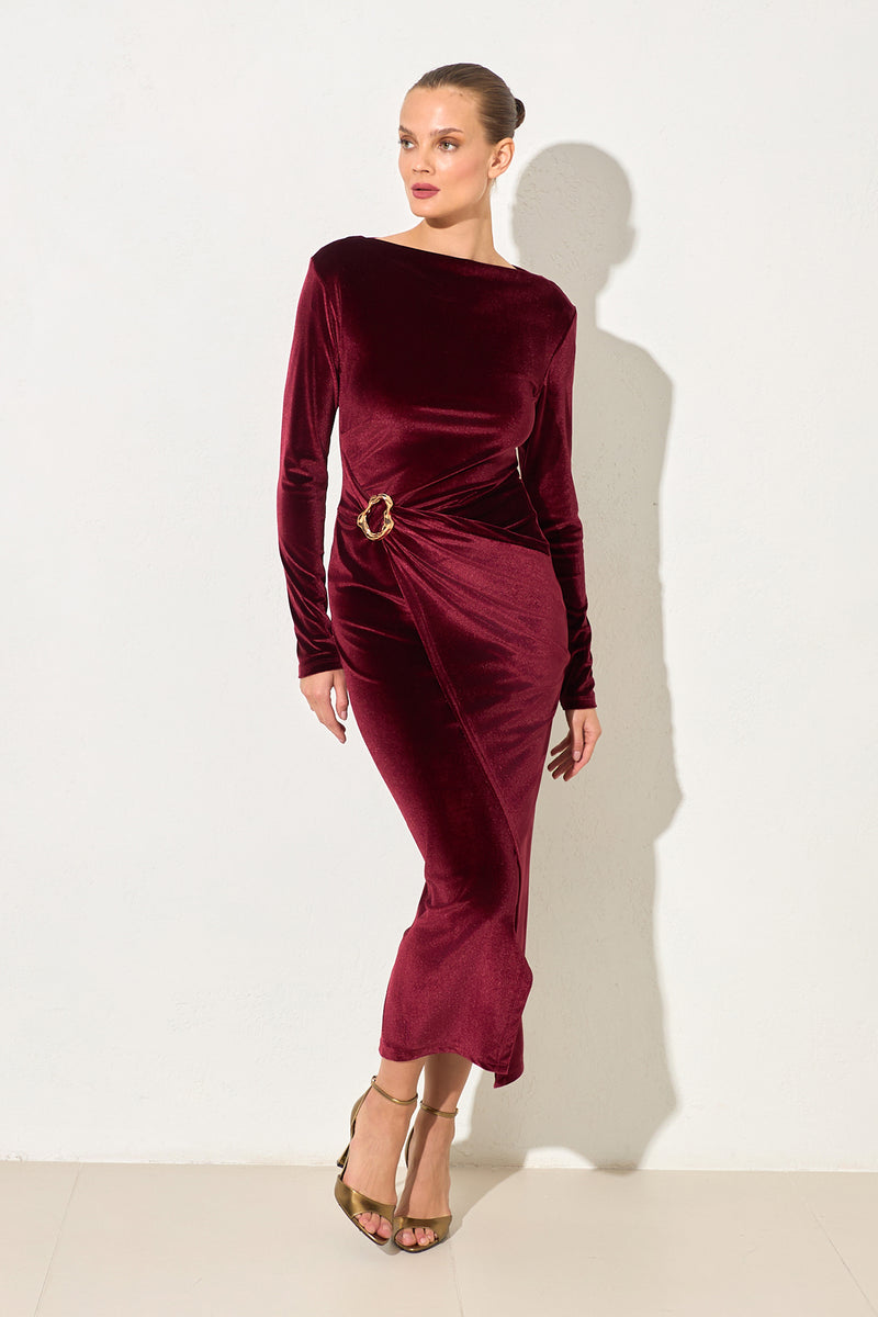 Setre Waist Accessory Detailed Velvet Midi Dress Burgundy