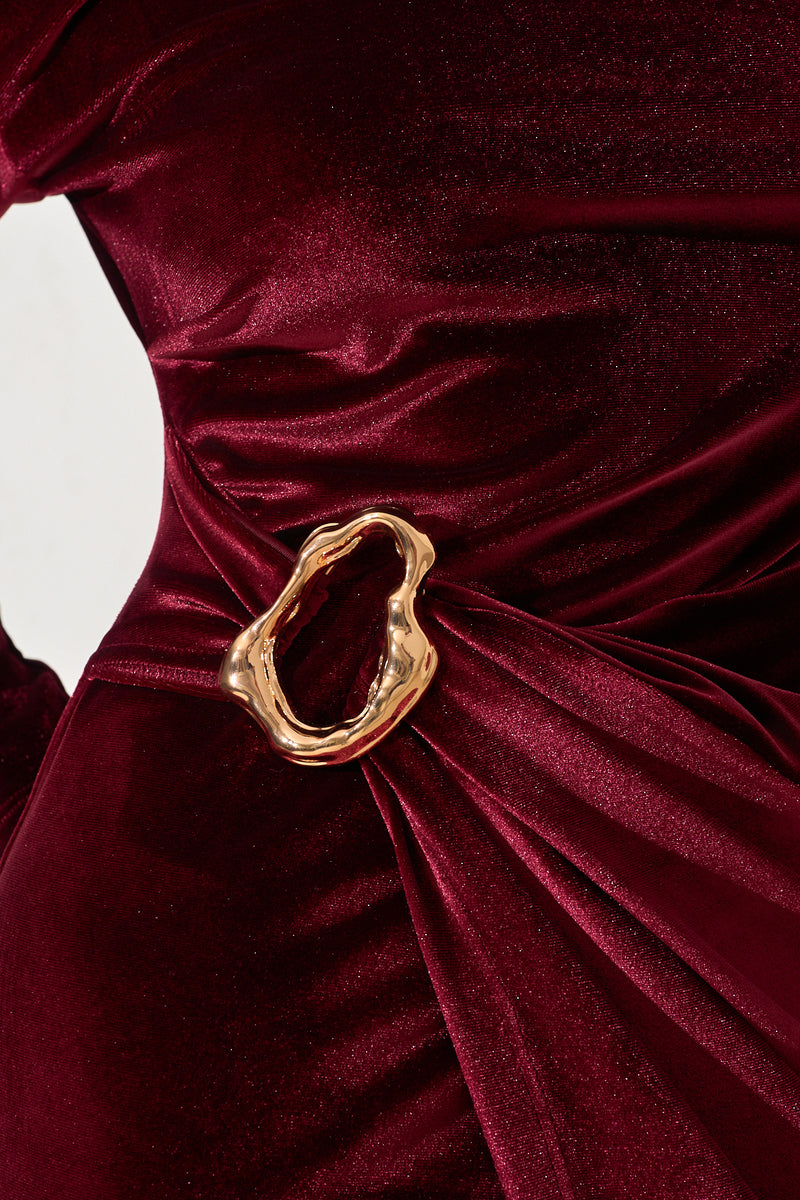 Setre Waist Accessory Detailed Velvet Midi Dress Burgundy