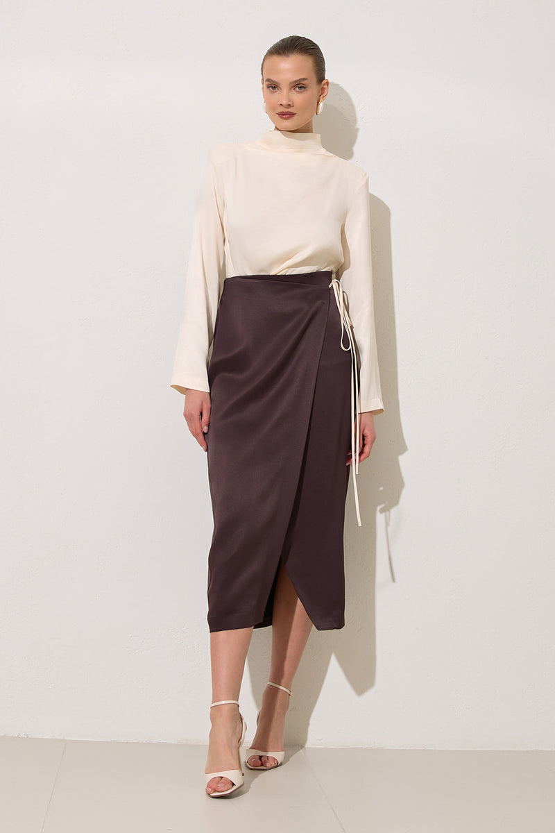 Setre Contrast Tie Detail Skirt Chocolate Brown