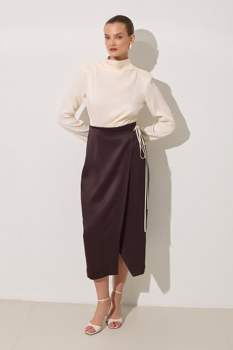Setre Contrast Tie Detail Skirt Chocolate Brown
