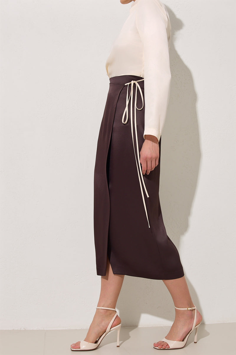 Setre Contrast Tie Detail Skirt Chocolate Brown