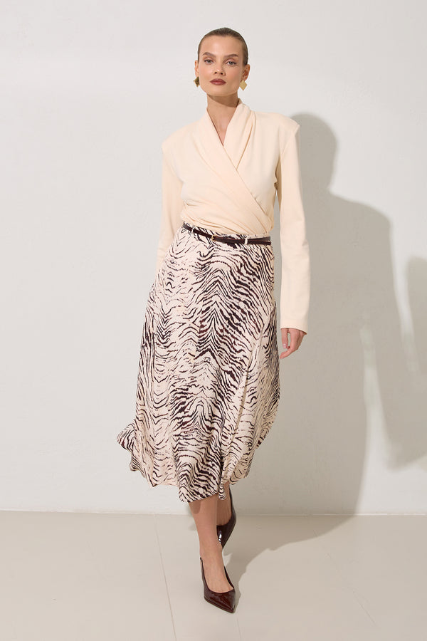 Setre Belt Detailed Patterned Relaxed Cut Skirt Burgundy/Offwhite