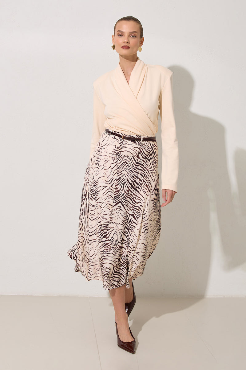 Setre Belt Detailed Patterned Relaxed Cut Skirt Burgundy/Offwhite