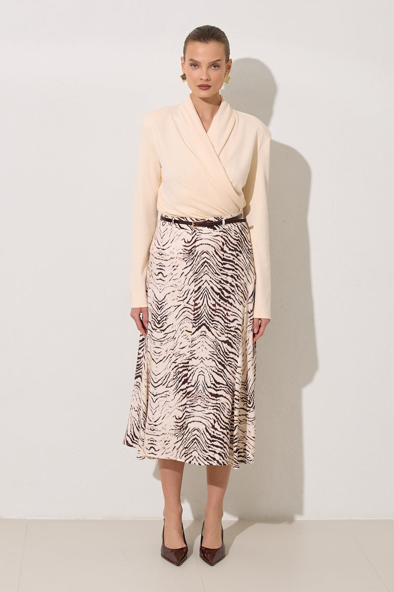 Setre Belt Detailed Patterned Relaxed Cut Skirt Burgundy/Offwhite