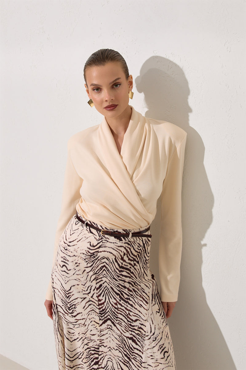 Setre Belt Detailed Patterned Relaxed Cut Skirt Burgundy/Offwhite