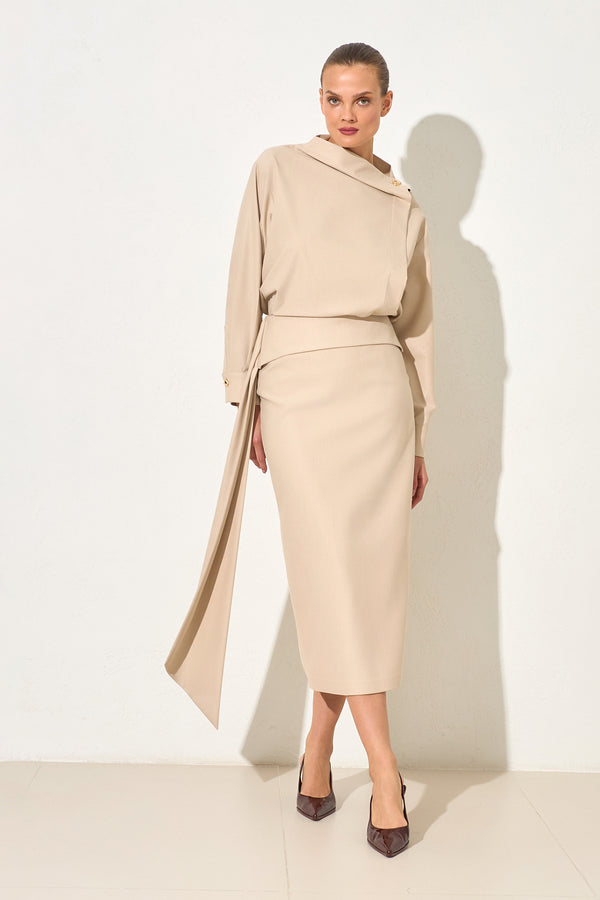 Setre Waist Detailed Midi Skirt Beige